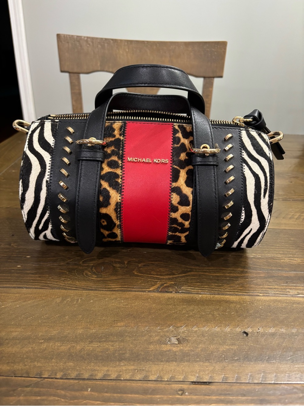 Michael Kors Stanton Barrel Bag in Animal-Print Calf-Hair and Leather Satchel